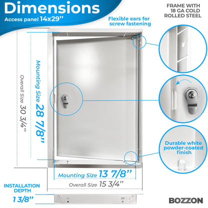Access Panel for Drywall 14 x 29 inch – Metal Door with Key Lock, 18 GA Steel Frame, Wall Hole Cover, Plumbing Access Door, White