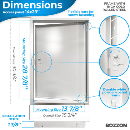 Access Panel for Drywall 14 x 29 inch – Metal Door with Screwdriver Latch, 18 GA Steel Frame, Wall Hole Cover, Plumbing Access Door, White