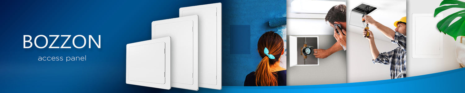 Bozzzon access panels with people installing them on a blue and white background