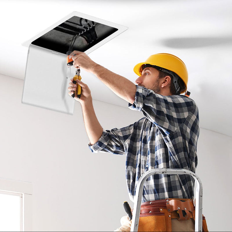 Person installing a plastic panel on a wall and ceiling, with BOZZON branding.
